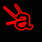 Red circular and star-shaped icons with black lowercase 'a' letters, some featuring hand gestures above the letter.