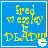 Blue square icon with yellow pixelated text reading 'fred w esley is DEAD!!!' and a white pixelated object at bottom right.