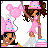 A 4-frame pixel art contact sheet showing a birthday-themed animation with three cartoon women in pink outfits holding balloons and interacting with cake, ending with text reading "HAPPY BIRTHDAY TO ME!".