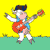 Pixelated cartoon character with dark blue hair plays red guitar against yellow background with green ground, showing motion and text variations.
