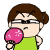 Pixelated character with brown hair in buns, green sleeveless top, and pink cotton candy–like object held near face; mouth expressions shift from closed to open across frames.