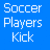 Pixelated soccer ball on green grass with text 'Soccer Players Kick' and 'Grass!' in blue , black-and-white striped pattern