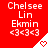 Red background with white text 'Chelsea Lin Ekmin <3<3<3' and a white triangular shape containing a red heart, displayed in three