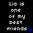 A static digital image displays repeated text 'Lia is one of my best friends' in white pixelated font on a black background with blue symbols.