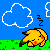 Pixelated yellow cartoon character sleeping on green grass under blue sky with white clouds, each cloud containing two black Zs.