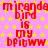 Pixelated red text repeats 'miranda bird is my bfjwww' over a pink background with yellow stars, forming a dense wordwall pattern.