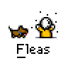 Animated contact sheet of a pixel art icon showing a yellow stick figure and brown dog running, with text "Fleas" below each frame.