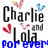 Pixelated text and symbols on white background with blue, red, and pink heart shapes, featuring 'Charlie and Lola' with varying bottom text.