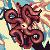identical red-brown octopus-like creatures with white eyes on a patterned background