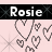 Animated buddy icon featuring the name 'Rosie' above a pattern of pixelated hearts on a light pink background with black and white text elements.