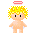 Pixelated angel icon with yellow hair, black eyes, and a red-and-white striped halo; two poses show arms at sides or extended.