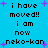 Pixelated text on cyan background with purple starbursts, repeating 'i have moved!! i am now neko-kan' in two