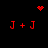 Red pixelated symbols on black background: heart, starburst, and four 'J+J' text groups arranged in two