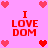 Pixelated pink background with red text "I LOVE DOM" and heart symbols in various positions.