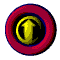Animated circular icon with yellow arrow symbol rotating through red, blue, and black color layers against gray background.