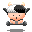 Pixel art animation of a cow-headed character lifting weights and holding signs with pink symbols across multiple frames.