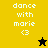 Pixel art icon with text 'dance with marie <3' on four color backgrounds, featuring a black star and yellow star in different positions.