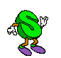 Green S-shaped character with orange limbs and purple shoes in multiple walking poses against gray background.