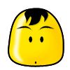 Yellow rounded head with black hair, six distinct facial expressions including closed eyes and mouth shapes on a gray background.
