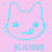 Pixelated blue cat head icons on pink background with text variations below each icon.