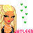 Pixel art of a blonde woman with long hair, wearing a black and white polka-dot top; green and red heart symbols float above her head.
