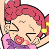 A cartoon character with red curly hair and yellow side clips appears in nine distinct expressions and poses, including winking, blushing, crying, and smiling, against a white background.
