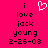 A bright pink background displays black pixelated text reading 'i love jack young z-26-08' with a white heart symbol above the word 'love'.