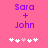 Pixelated text 'Sara + John' in purple on pink background with white and light pink heart symbols below.