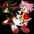 Pixelated character with pink hair, green eyes, red dress, white gloves, and red shoes against black background.
