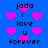 Blue background with pink pixelated hearts and repeated text 'jada i love u forever' in black pixelated font.