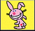 Pixelated pink bunny with long ears, blue eyes, red nose and mouth, standing on yellow background.