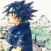 Anime character with spiky blue hair in profile view, wearing dark blue shirt and silver headband with spiral symbol.