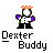 Pixelated character with orange crown, purple gloves, white shirt, black pants, and text 'Dexter Buddy' below.