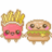Two pixelated cartoon characters: a pink fries container with yellow fries and a brown hamburger with green lettuce, both with large eyes and blush marks.