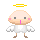 Pixelated angel icon with yellow halo, pink cheeks, and white wings in four poses against gray background.