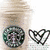 A four- of pixelated images featuring Starbucks branding, heart symbols, and text elements on polka-dot backgrounds