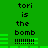 Green background with black pixelated text reading 'tori is the bomb !!!!!!!' repeated twice in a , accompanied by green horizontal bars