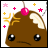 Pixelated brown creature with large black eyes, pink cherry on head, and white wing-like shapes against a background of scattered colored stars.