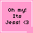 Pink square icon with black pixelated text reading "Oh my! Its Jess! <3" and a white border, featuring a small white heart in the top-right corner and a white star in the bottom-right corner.
