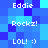 Pixelated blue background with white text labels 'Eddie', 'Rockz!', and 'LOL! :)' arranged in a repeating pattern