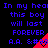 Blue pixelated text on black background with red triangular symbols containing heart shapes, repeated in a pattern