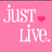 Pink background with white text 'just live.' and a small pink heart symbol, displayed in a with one missing
