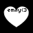 Four heart-shaped white icons with black text 'emily<3' on a black background, each showing different pixelation artifacts.