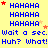 Yellow background with blue text repeating 'HAHAHA' and 'Wait a sec. Huh? What!' in four , each containing red and orange star icons