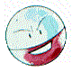 nine pixelated cartoon characters with varied expressions and colors, including a smiling blue-and-red sphere, pink eggs, a plant-topped creature, and skeletal figures