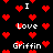 Black background with scattered red pixel hearts and repeated white text fragments 'I', 'Love', 'Griffin' in a retro digital style.