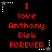 Red pixelated text on black background reads 'I love Anthony Piek FOREVER' with white star and dotted line corner decorations.