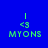 Four identical pixelated green text blocks reading 'MYONS' with '<3' symbols above them, each positioned over a yellow bar on a blue background.
