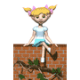 Animated sequence of a cartoon girl with blonde pigtails and pink hair ties sitting on a brick wall, legs swinging over the edge.