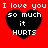 Red background with four identical black heart shapes containing white text reading "I love you I love you so much it HURTS" arranged in a